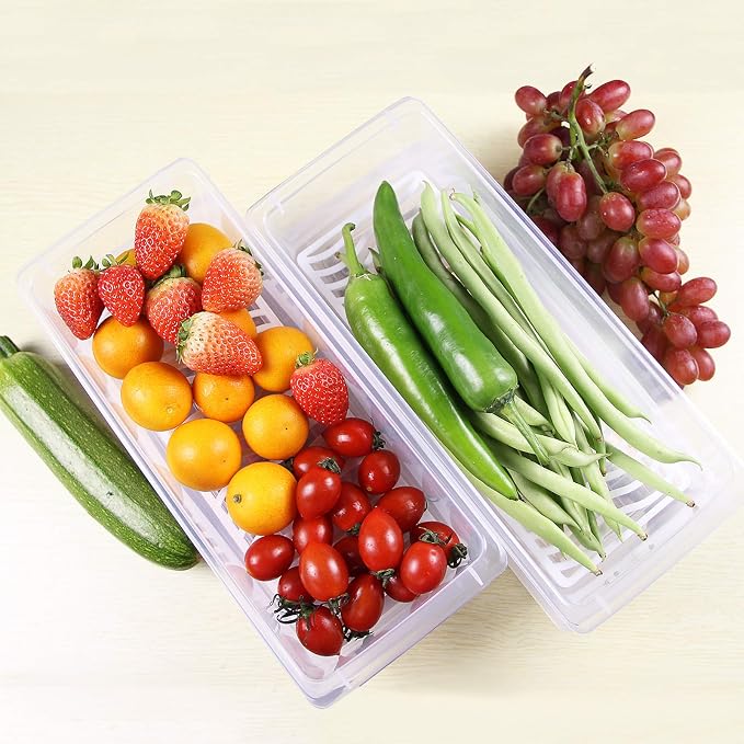 4PCS Food Storage Container, Plastic Food Containers Small | [With Removable Drain Plate and Lid], [Stackable Portable Freezer Storage Containers]-Tray to Keep Fruits, Vegetables, Meat