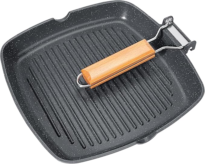 GiPP Nonstick Grill Pan with Folding Handle,Square Grill Skillet, Grilling Pan with Pour Spouts, Versatile Griddle Steak Pan for All Stove,PFOA Free,11 Inch