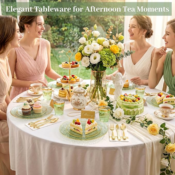 DaYammi 350PCS Sage Green Plastic Dinnerware Set, Plastic Plates Disposable Hammered Disposable Plates for Party, Include: 50 Dinner Plates 50 Dessert Plates 150 Gold Silverware 50 Napkins 50 Cups