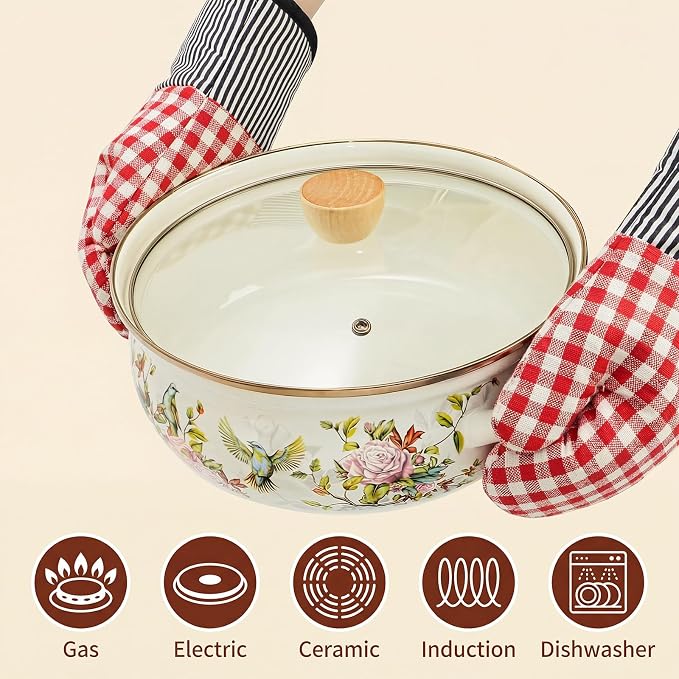 Elsjoy 4.2 Quart Vintage Enamel Stock Pot with Lid and Handle, Floral Cooking Pot Large Kitchen Simmer Pot, Vintage Enamelware for Induction Cooktop, Gas Stove