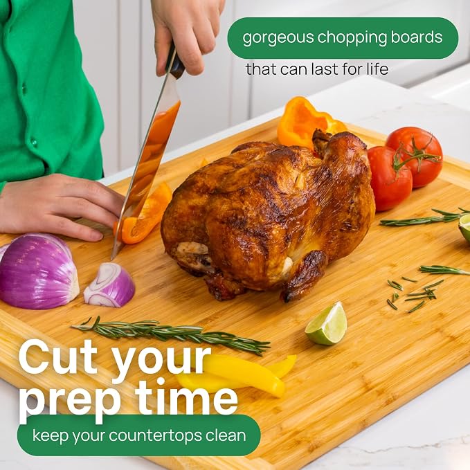 HUGE 24 Inch Bamboo Cutting Board with Lifetime Replacement - 2XL Extra Large Wooden Butcher Block for Kitchen, Stove Top, Meat, Vegetables, and Charcuterie with Deep Juice Grooves