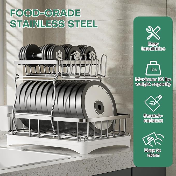 2 Tier Dish Drying Rack,Stainless Steel Dish Rack For Storing Knife Fork Pots&Pans,Dish Drying Rack With Drain Tray For Kitchen Countertops/Sinks,Silver Tiered Dish Rack With Retractable Drain Outlet