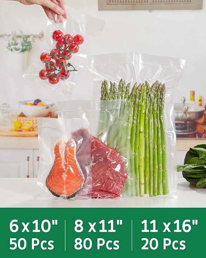 Syntus 150 Pcs Vacuum Sealer Bags for Food, 8x12+11x16+6x10, BPA Free | Precut Bags, 80 Quart + 20 Gallon + 50 Pint, Sous Vide Microwave Freezer Safe, Food Vacuum Storage, For All Vacuum Sealers