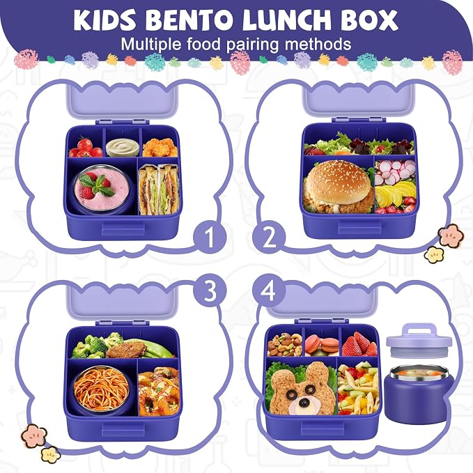 MAISON HUIS Bento Lunch Box with 8oz Soup Thermo, 5-Compartment Leak-Proof Container, Thermo Hot Food Jar and Insulated Lunch Bag, BPA Free,Travel, School (Purple)