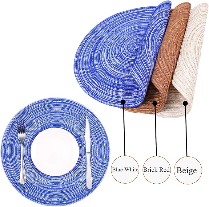 Zupro Round Placemats Set of 6,Braided Cotton Table Mats Heat Resistant Non-Slip Washable,for Kitchen Dining Tables Four Seasons Dinner Parties Thanksgiving Christmas and Everyday Use.Blue White