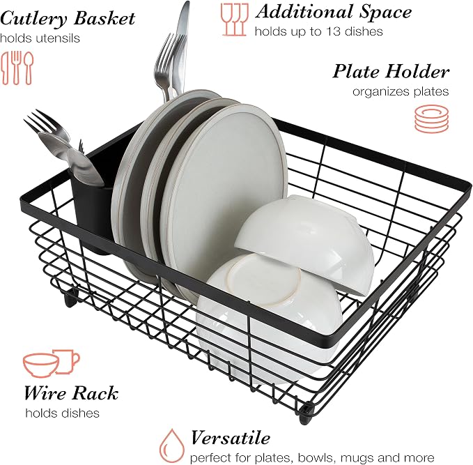 Kitchen Details Flat Wire Countertop or Over The Sink Dish Drying Rack with Cutlery Basket | Holds up 10 Dishes | Mugs | Kitchen Accessories | Black