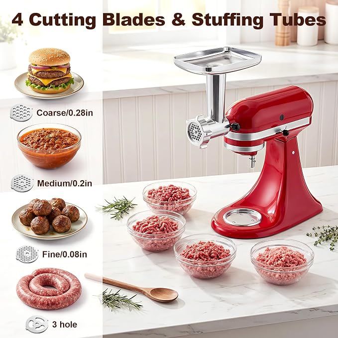 HOZODO Meat Grinder & Cheese Grater Attachments for KitchenAid Mixer | 2-Pc Set with Stainless Steel Slicer Shredder & Food Grinder, Kitchen Aid Accessories and Attachments