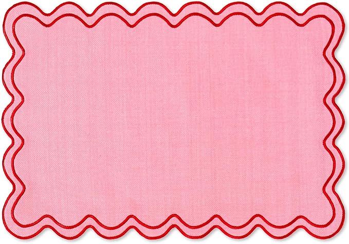 Whaline Pink Red Placemats Embroidered Scalloped Kitchen Place Mats for Wedding Baby Shower Party Home Dining Table Decor, Set of 6, 13 x 19 in
