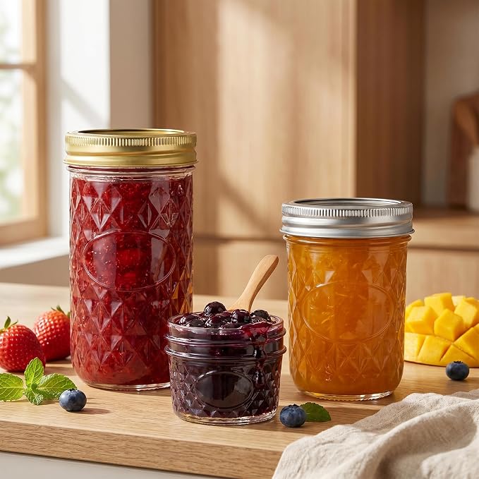 CycleMore 24 Pack Mixed Size Glass Mason Jars, Canning Jars With Split Lids | AirTight, BPA Free, 4 OZ x 8, 8 OZ x 8, 12 OZ x 8 (4oz -8oz-12oz), Ideal for Jam, Honey, Wedding Favors, Spice Jars & DIY