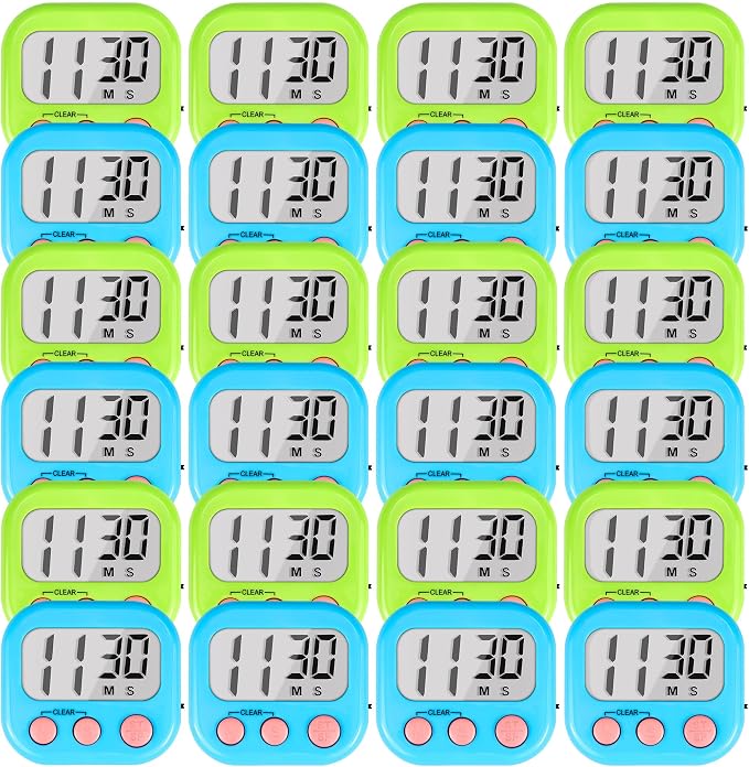 Timer for Kids Digital Kitchen Timers for Cooking- 24 Pack Blue Green | Countdown Timer for Classroom Study Exercise Teacher Supplies, Strong Magnetic, Loud Alarm, Large Screen, Fast Reset, Memory