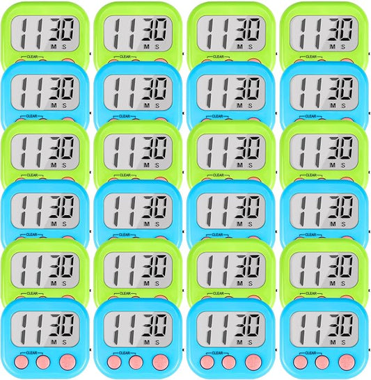 Timer for Kids Digital Kitchen Timers for Cooking- 24 Pack Blue Green | Countdown Timer for Classroom Study Exercise Teacher Supplies, Strong Magnetic, Loud Alarm, Large Screen, Fast Reset, Memory