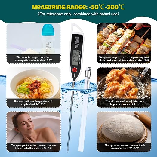 3 Set Digital Food Thermometer Long Probe Instant,White | Waterproof for Water Liquid Candle, Instant Temperature Read for Kitchen BBQ Grill Candy Meat, Foldable Probe Thermometer