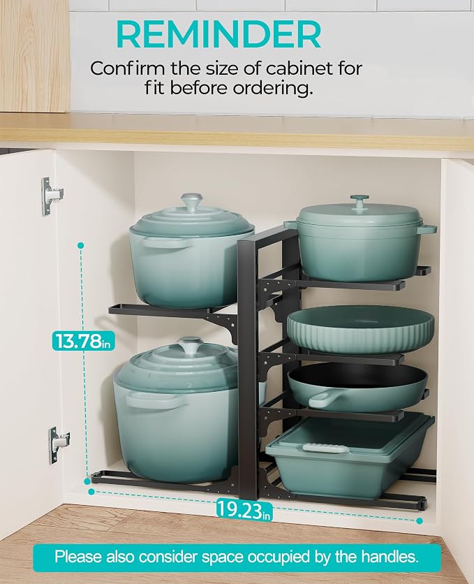Pots and Pans Organizer Under Cabinet 13.8", 6-Tier Adjustable Rack | 2 DIY Modes, Tool-Free Assembly, Max 90 Lbs, Fits Cast Iron Pans, Dutch Ovens & Heavy Cookware, For Kitchen Cabinets