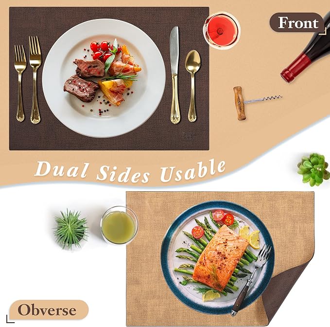 Leather Placemats Table Mats Set of 6, Brown and Tan | Reversible Non-Slip Table Placemats, Heat-Resistant and Waterproof for Dining Kitchen and Holiday Parties