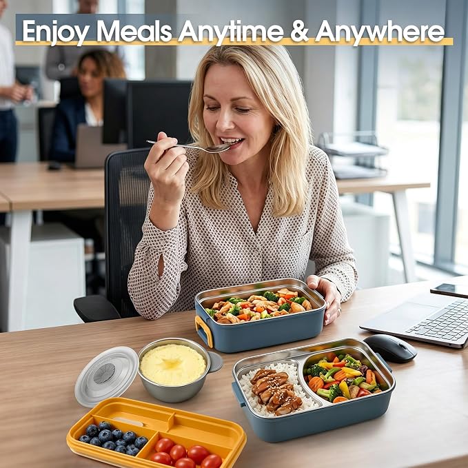 Kabbas 18/8 Stainless Steel Bento Box for Kids & Women – 66 Oz Leakproof Lunch Containers for Adults, 2Layers Stackable Metal Lunch Box with Cutlery & Insulated Bag – Ideal for Work, School, Picnic