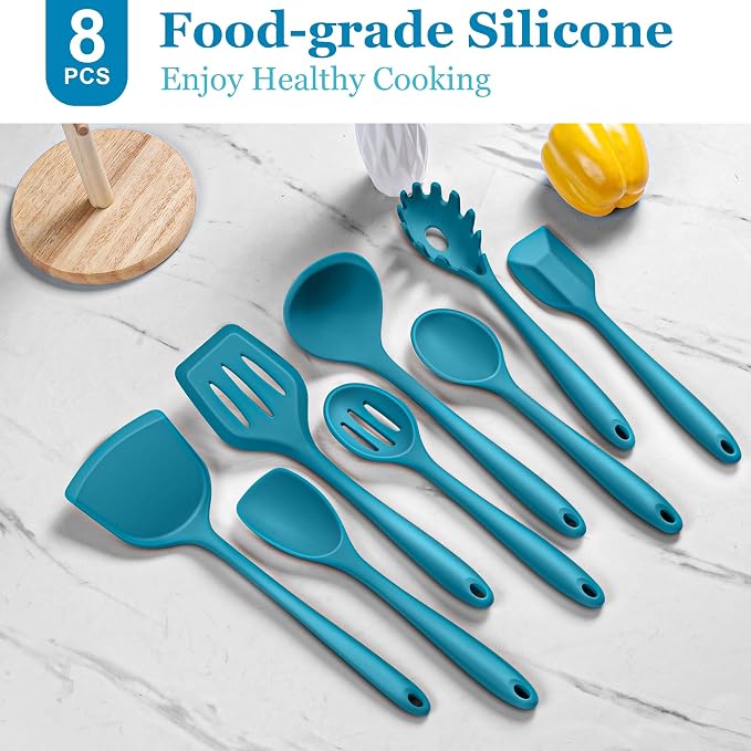 LIANYU Non-Toxic Kitchen Cooking Utensils Set, 8Pcs Blue Silicone Tools | Heat Resistant Cooking Gadgets for Nonstick Cookware, Includes Silicone Spatula, Ladle, Spoon Turner, Dishwasher Safe