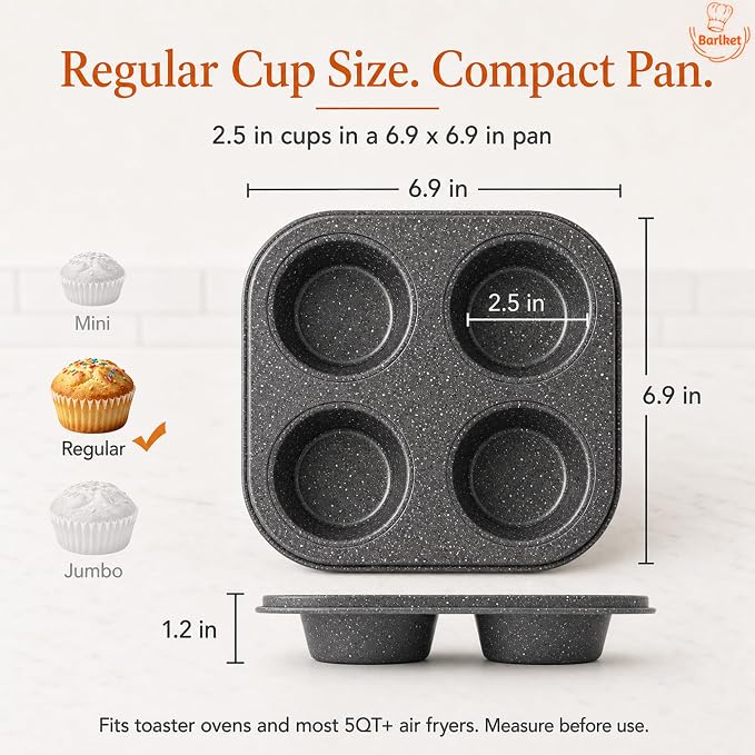 4-Cup Muffin Pan, Air Fryer Toaster Oven Muffin Tin Total 12 Cups | Nonstick Granite Coating Carbon Steel Cupcake Pan Set, Easy Release, Nests Flat for Storage, 3-Pack Muffin Baking Pan
