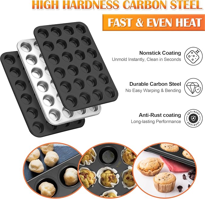 E-far 24-Cup Mini Muffin Pan, 2-Pack Nonstick Carbon Steel Cupcake Pans | Muffin Tins for Baking Mini Muffins & Cupcakes, Warp-Free for Even Baking & Easy Release, Oven Safe