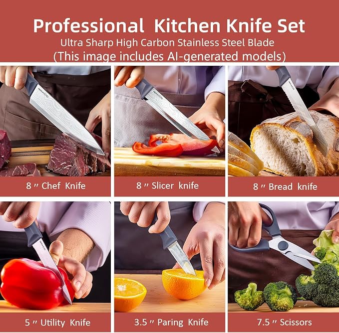 Kitchen Knife Set,10-Piece Stainless Steel Knife Set with Block,Gray | Pro-Sharpened Kitchen Knives,Space-saving Compact Organizer for Small Kitchen,RV,Apartment and Dorm