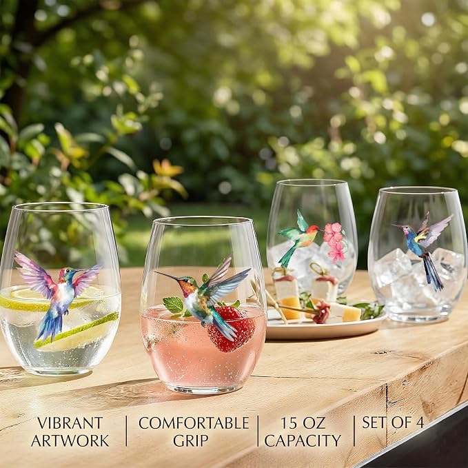 Hummingbird Stemless Wine Glasses Set of 4, Hummingbird Lovers Gifts for Women, Bird and Outdoor Lovers, 15oz Wine Glasses Gifts for Women, Floral Garden Lovers, Forest Birds Hummingbird Decor