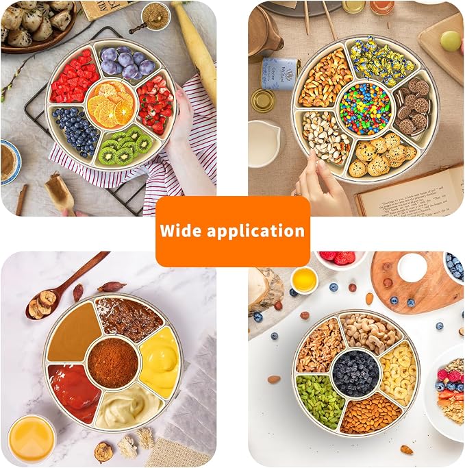 Small Divided Serving Tray with Lid and Handle, Stackable Snackle Box Container for Fruits Candy Organizer, Portable Spinning Rounded Veggie Tray for Kitchen, Party, Trave and Picnic-1 Pack