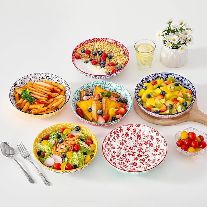 vancasso 8.5" Pasta Bowls Set of 6, 40 oz Porcelain Shallow Salad Bowls, Serving Bowls Pasta Dishes Plates Large Kitchen Bowl Plates, Vivid Floral Design, Microwave Safe, Series SELENE