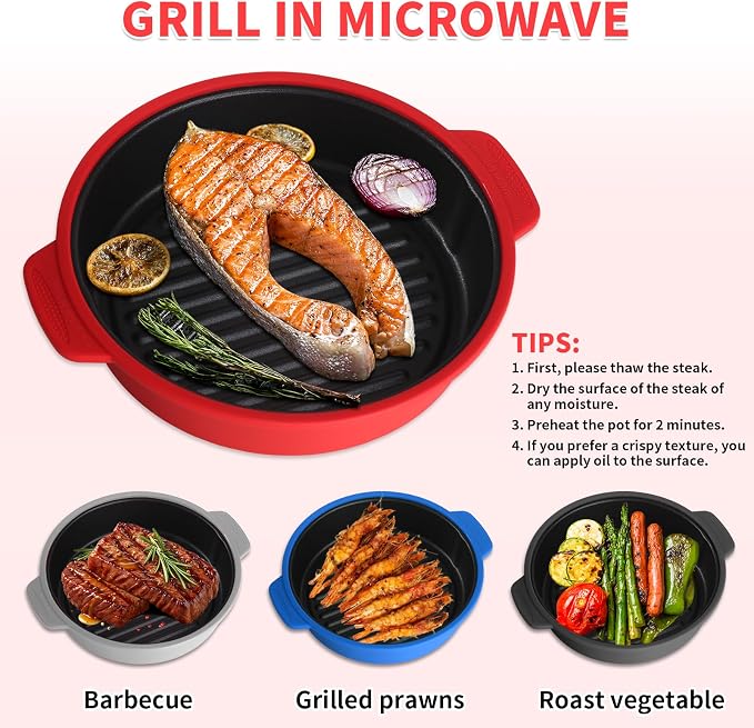 GLOU-GLOU GOOSE GGG Microwave Grill Pan, Fry Griddle Crisper Pan with Lid for Grilling Browning and Crisping Foods Microwave Silicone Cookware for Meat Sandwich Vegetable Red