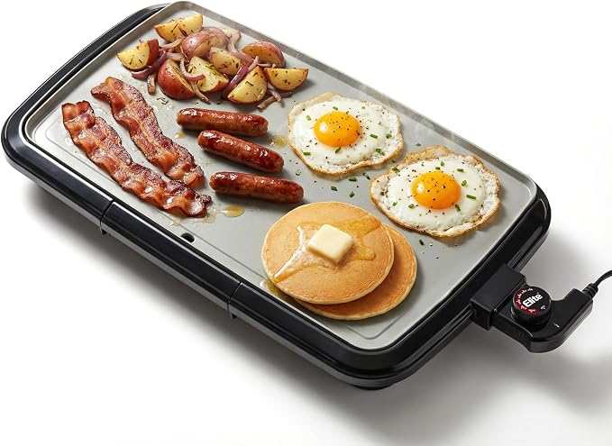 Elite Gourmet Electric Griddle, Ceralast Non-Stick, 10"x20" Black/Grey | PFAS-Free Ceramic, Cool-Touch Handles, Removable/Adjustable Thermostat, Easy-Clean Grease Tray, Great for Pancakes