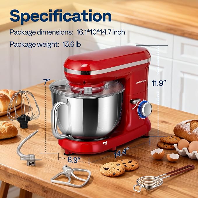 VIVOHOME Stand Mixer, 6-Quart Tilt-Head Kitchen Mixer with Bowl, Red | 10 Speeds, Splash Guard, Dough Hook, Beater, Whisk, Egg Separator, for Cake & Bread