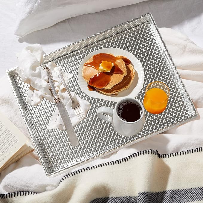 HofferRuffer Rectangle Serving Tray with Hole Handles for Coffee Table, Breakfast, Tea, Food, Butler - Countertop, Kitchen, Vanity Serve Tray, 16.2 x 12.2 x 2 inches, Faux Leather (Silver)