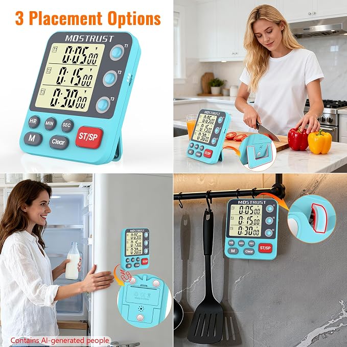 Digital Dual Kitchen Timer, Multiple Channels Countdown Timer | 3-Groups Triple Timer with Magnet-Back Memory-Preset Large Display Adjustable Volume, 3A Battery Included, Ideal for Cooking