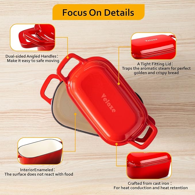 Velaze 3.6 QT Oval Cast Iron Dutch Oven for Bread Baking, Offset Handles | Bread Pan with Lid for Sourdough Sandwich,Small Households Baking,Gift for Bread Bakers,Deep Base,Oven Safe,Red