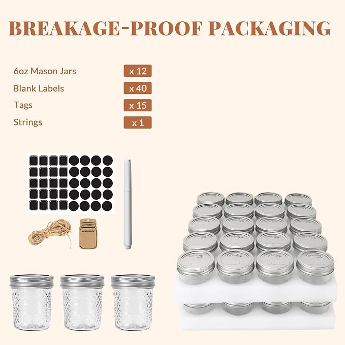 CycleMore Mason Jars 6 oz, 12 Pack Diamond Glass Jars with Silver Split Lids, Small Canning Jars for Caviar, Jam, Honey, Jelly, Sauce, Spices and Wedding Favors