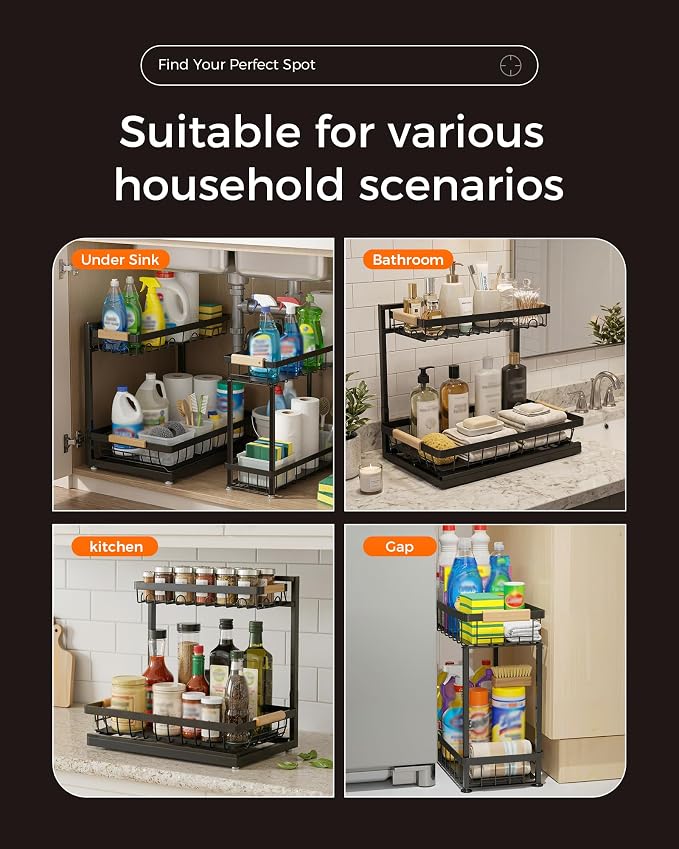 2-Pack 2-Tier Height Adjustable Under Sink Organizer & Storage | Multi-purpose storage for kitchen & bathroom cabinet. Extra Large black shelf, height adjustable design for space-saving.