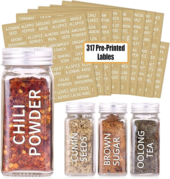 SWOMMOLY 25 Pcs 4 oz Glass Spice Jars with 703 Spice Labels and Shaker Lids | Empty Spice Containers with Airtight Lids, Chalk Marker, Funnel - Square Seasoning Bottles for Spice Racks, Cabinets, Drawers