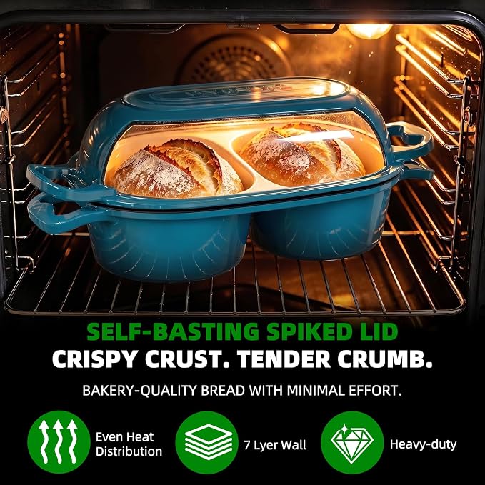 Enameled Cast Iron Double Round Bread Loaf Pot with Lid – 16cm Diameter Mini Dutch Oven for Sourdough Bread Baking, 500°F Oven Safe Non Stick Bread Pan, Double Dutch Oven for Meatloaf, Cake, Even Heating – Emerald