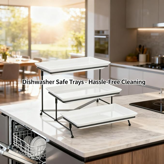 3 Tier Serving Tray, 12" White Plastic Tiered Food Serving Platters, Reusable Tray Stand Black Collapsible Metal Stand with Stable Cross Bars, Party Display Stands for Veggie Fruit, Dessert