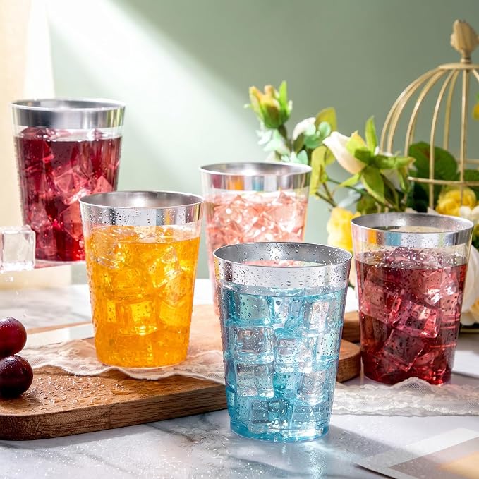 DaYammi 200 Pack Silver Plastic Cups 10 Oz Clear Plastic Cups Silver Rimmed Disposable Wine Glasses Heavy Duty Disposable Tumblers Drinking Cocktail Glasses for Party Wedding