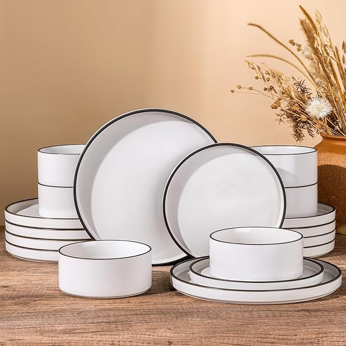 LERATIO Stoneware Dinnerware Sets for 4,12-Piece Matte Plates and Bowls Set | Handmade High Edge Rim Dish Set,Oven & Microwave,Dishwasher Safe,Scratch Resistant-Creamly White