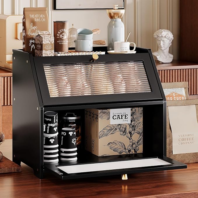 Trironsun Bamboo Bread Box for Kitchen Counter Black Bread Storage Container with Acrylic Door William Morris Flower Bird Design Farmhouse Breadbox Organizer (Black, 2 Layer)