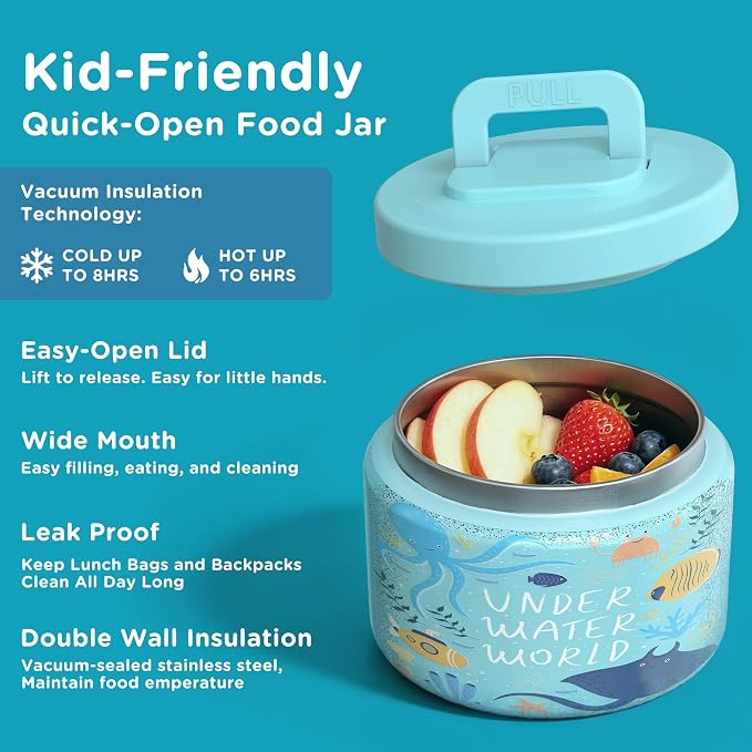 JXXM Bento Lunch Box for Kids with 8oz Soup Thermo,Leak-Proof Lunch Containers with 5 Compartment,Thermo Food Jar Food Containers for School (Blue-Octopus)