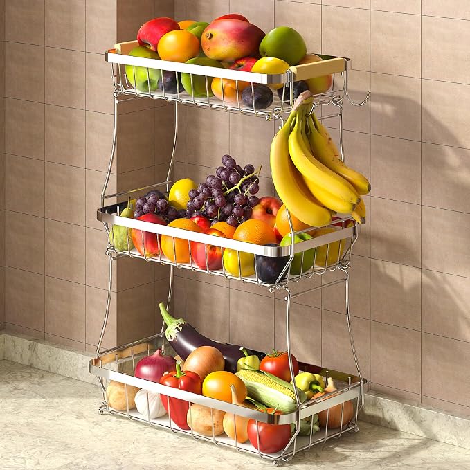 3-Tier Fruit Basket with Banana Hangers, Detachable Metal Bowl | Wooden handle, protective mats included. Versatile holder for bread, snacks, and veggies. Large 3 tier metal design.