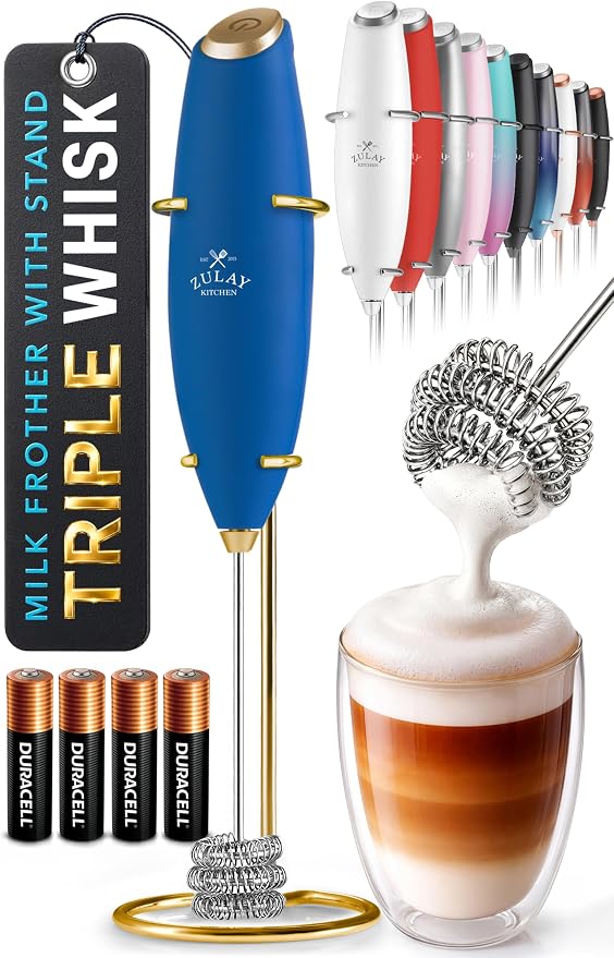 Zulay Kitchen Powerful Milk Frother Wand With Duracell Batteries - Ultra Fast Handheld Drink Mixer - Electric Whisk Foam Maker for Coffee, Lattes, Cappuccino & Matcha - Triple Whisk - Prussian Gold