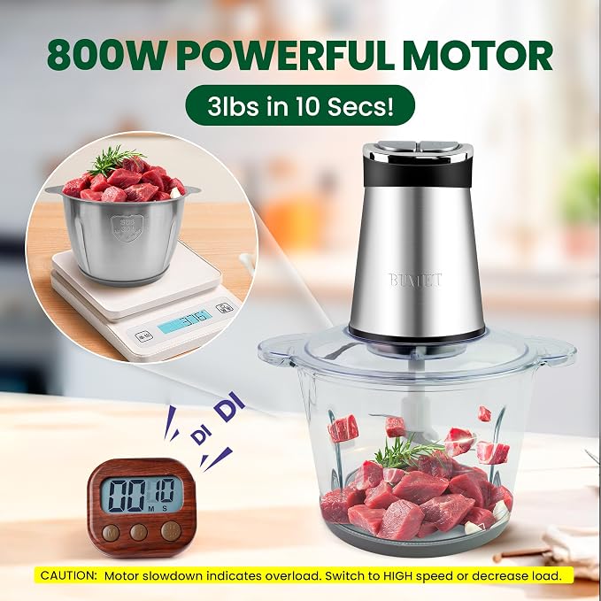 BUMET 800W 2-12cup Food Chopper LED Timer 3-Tier 6 Blades | duo-bowl with LED countdown, 6-edge stainless tier-cutter. Handles roasts, root veg, nuts – bulk family prep made easy.