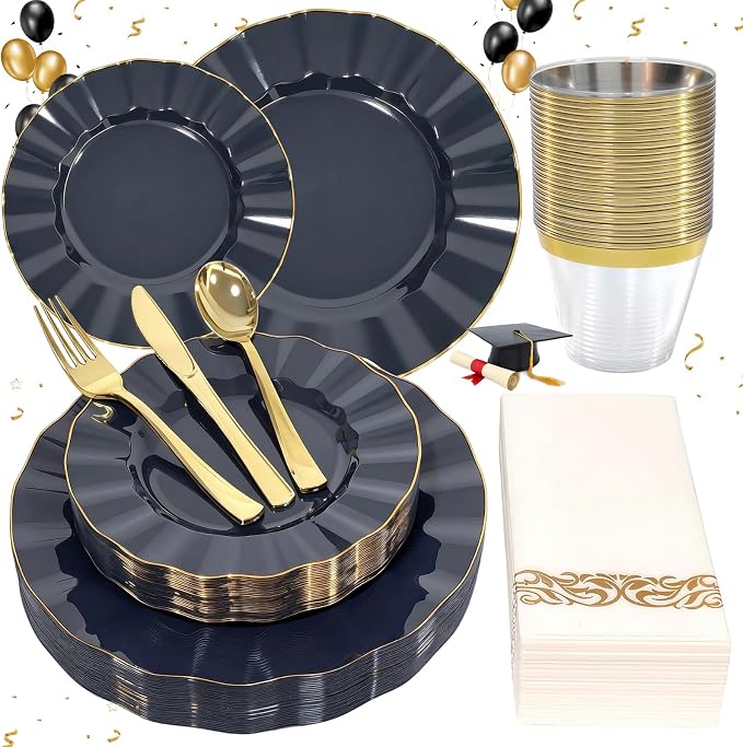Glowserve 175 Piece Disposable Plastic Plates Dinnerware Set for 25 Guests | 50 Plastic Plates,25 Silverware Set,25 Cups and Napkins,Wedding Birthday,Family Party,Fancy Plastic Plates