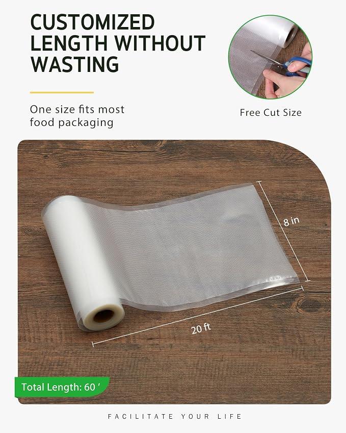 Syntus 3 Rolls 8" x 20' Vacuum Sealer Bags, BPA Free for Food Storage | 4mil Thick, Custom Length, Keep Food Fresh Longer, Freezer Microwave Sous Vide Cooking, Works with Most Vacuum Sealers