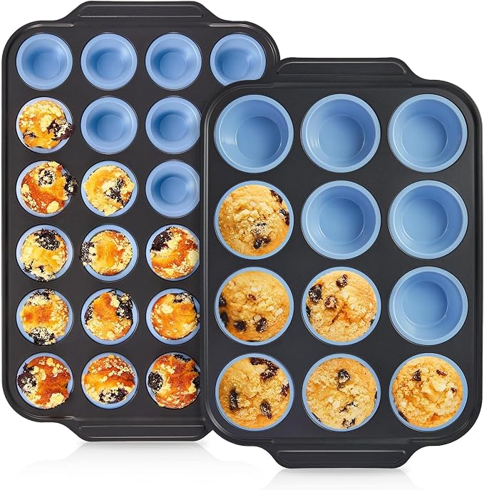BRONYPRO 2-Pack 12 Cup and Mini 24 Cup Silicone Muffin Pans for Baking with Metal Frame, Egg Bite Molds, Muffin Tins Easy to Pop Nonstick Non Toxic Bakeware for Oven,Blue