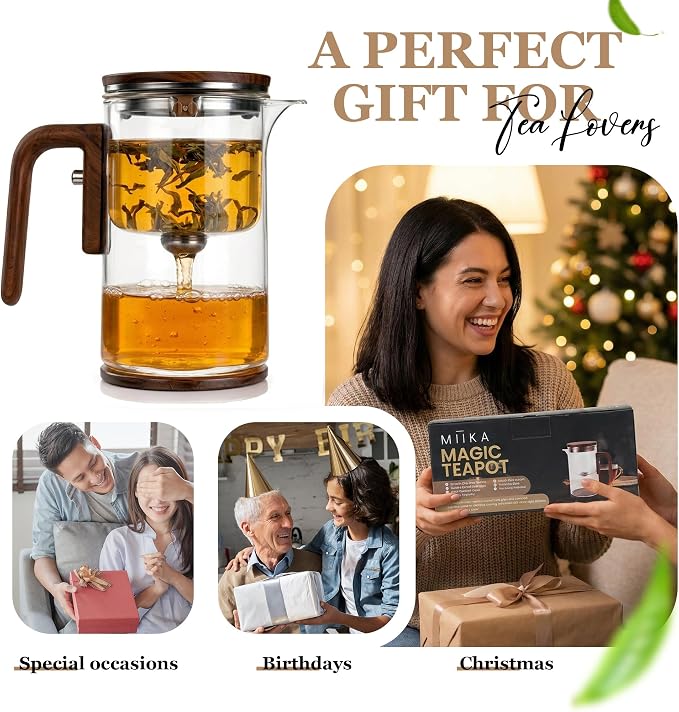 MIIKA Magic Glass Tea Pot with Infuser for Loose Tea – Bottom Dispense Stainless Steel Strainer, Borosilicate Glass, Elegant Tea Scoop, Protective Base and Drip-Free, Easy-to-Clean Design