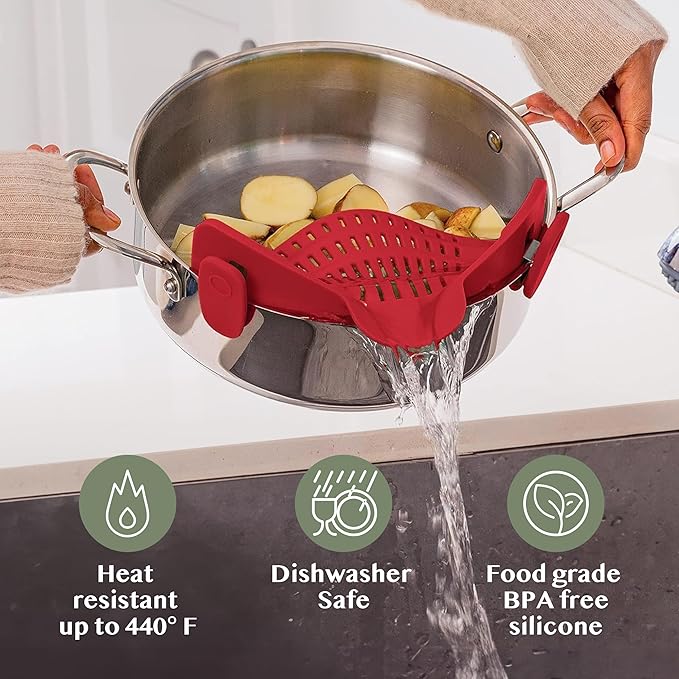 Kitchen Gizmo Snap N Strain Silicone Pot Strainer - Adjustable Clip-On Pasta Strainer for Pots, Pans, and Bowls - Large Red Kitchen Colander