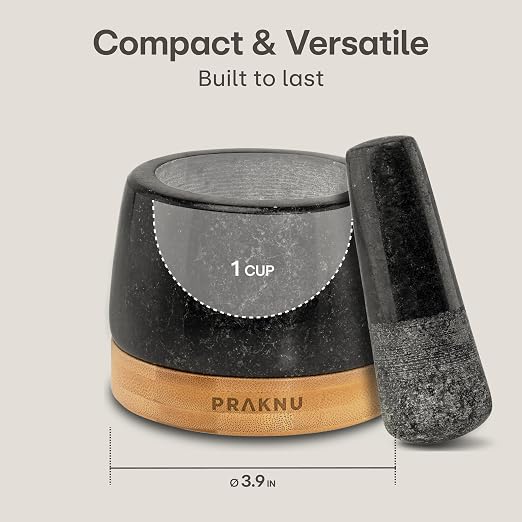 Praknu Mortar and Pestle Set Small - Heavy-Duty 1 Cup Stone Grinder for Spices & Herbs - Durable Granite Molcajete - Guacamole Bowl with Non-Slip Wooden Base - Effortless Grinding & Easy to Clean